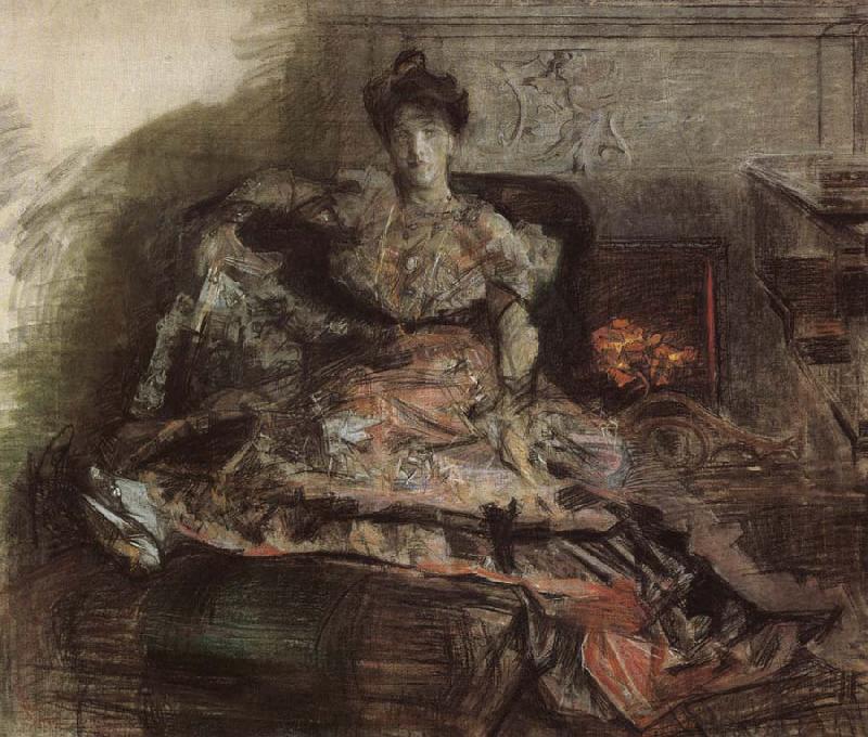 Mikhail Vrubel Arter the concert:nadezhda zabela-Vrubel by the fireplace wearing a dress designed by the artist